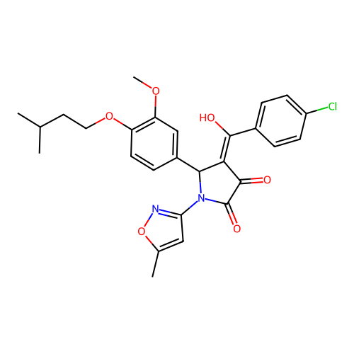 (4E)-4-[(4-chlorophenyl)(hydroxy)methylidene]-5-[3-methoxy-4-(3-methylbutoxy)phenyl]-1-(5-methyl-1,2-oxazol-3-yl)pyrrolidine-2,3-dione structure