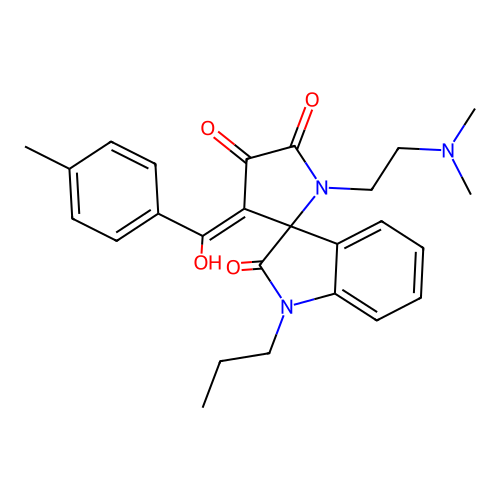1'-(2-dimethylaminoethyl)-4'-[hydroxy-(4-methylphenyl)methylidene]-1-propylspiro[indole-3,5'-pyrrolidine]-2,2',3'-trione structure