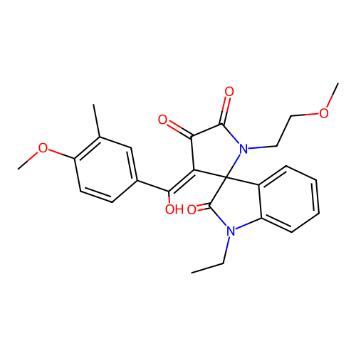 1-ethyl-4'-[hydroxy-(4-methoxy-3-methylphenyl)methylidene]-1'-(2-methoxyethyl)spiro[indole-3,5'-pyrrolidine]-2,2',3'-trione structure