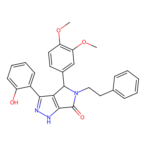 (3Z)-4-(3,4-dimethoxyphenyl)-3-(6-oxocyclohexa-2,4-dien-1-ylidene)-5-phenethyl-2,4-dihydro-1H-pyrrolo[3,4-c]pyrazol-6-one structure