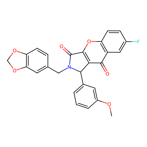 2-(1,3-benzodioxol-5-ylmethyl)-7-fluoro-1-(3-methoxyphenyl)-1,2-dihydrochromeno[2,3-c]pyrrole-3,9-dione structure
