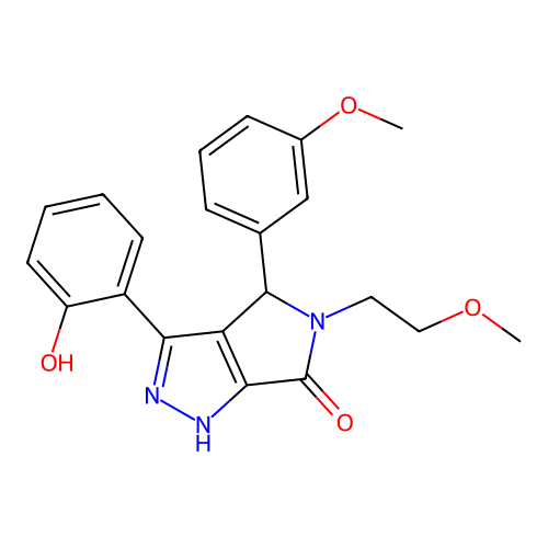 3-(2-hydroxyphenyl)-5-(2-methoxyethyl)-4-(3-methoxyphenyl)-4,5-dihydropyrrolo[3,4-c]pyrazol-6(1H)-one structure