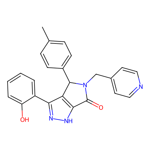 (3E)-4-(4-methylphenyl)-3-(6-oxocyclohexa-2,4-dien-1-ylidene)-5-(pyridin-4-ylmethyl)-2,4-dihydro-1H-pyrrolo[3,4-c]pyrazol-6-one structure