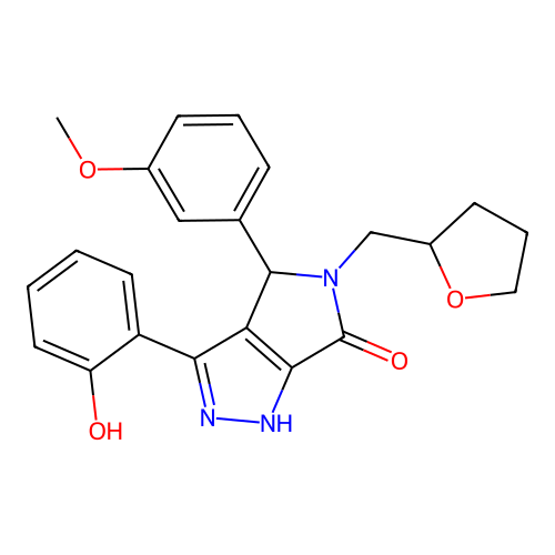 (3Z)-4-(3-methoxyphenyl)-3-(6-oxocyclohexa-2,4-dien-1-ylidene)-5-(oxolan-2-ylmethyl)-2,4-dihydro-1H-pyrrolo[3,4-c]pyrazol-6-one structure
