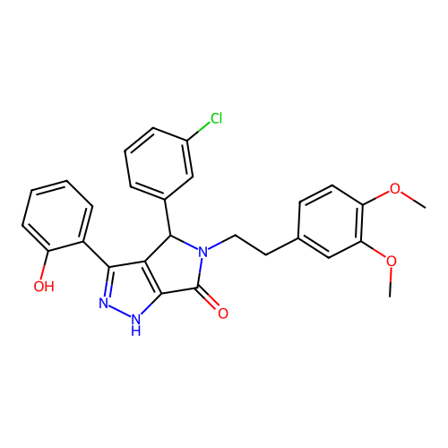 (3Z)-4-(3-chlorophenyl)-5-[2-(3,4-dimethoxyphenyl)ethyl]-3-(6-oxocyclohexa-2,4-dien-1-ylidene)-2,4-dihydro-1H-pyrrolo[3,4-c]pyrazol-6-one structure