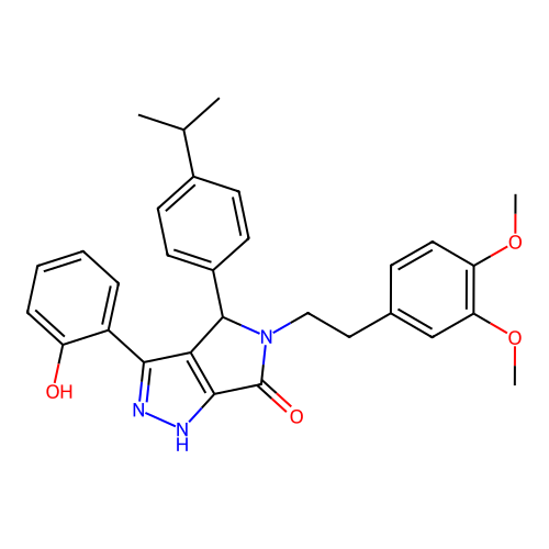 (3Z)-5-[2-(3,4-dimethoxyphenyl)ethyl]-3-(6-oxocyclohexa-2,4-dien-1-ylidene)-4-(4-propan-2-ylphenyl)-2,4-dihydro-1H-pyrrolo[3,4-c]pyrazol-6-one structure
