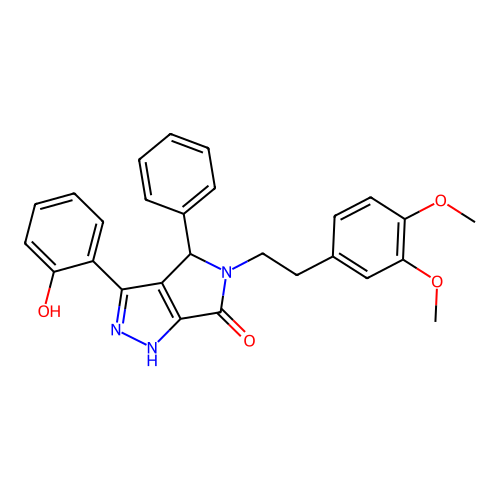 (3Z)-5-[2-(3,4-dimethoxyphenyl)ethyl]-3-(6-oxocyclohexa-2,4-dien-1-ylidene)-4-phenyl-2,4-dihydro-1H-pyrrolo[3,4-c]pyrazol-6-one structure