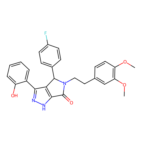 (3Z)-5-[2-(3,4-dimethoxyphenyl)ethyl]-4-(4-fluorophenyl)-3-(6-oxocyclohexa-2,4-dien-1-ylidene)-2,4-dihydro-1H-pyrrolo[3,4-c]pyrazol-6-one structure