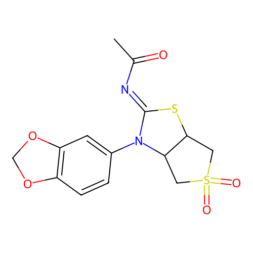 N-[(2E)-3-(1,3-benzodioxol-5-yl)-5,5-dioxidotetrahydrothieno[3,4-d][1,3]thiazol-2(3H)-ylidene]acetamide structure