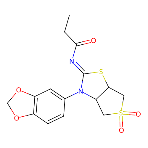 N-[(2E)-3-(1,3-benzodioxol-5-yl)-5,5-dioxidotetrahydrothieno[3,4-d][1,3]thiazol-2(3H)-ylidene]propanamide structure