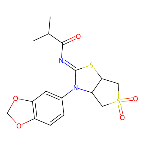 N-[(2E)-3-(1,3-benzodioxol-5-yl)-5,5-dioxidotetrahydrothieno[3,4-d][1,3]thiazol-2(3H)-ylidene]-2-methylpropanamide structure