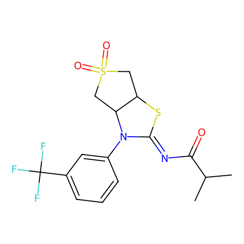 N-[(2Z)-5,5-dioxido-3-[3-(trifluoromethyl)phenyl]tetrahydrothieno[3,4-d][1,3]thiazol-2(3H)-ylidene]-2-methylpropanamide structure