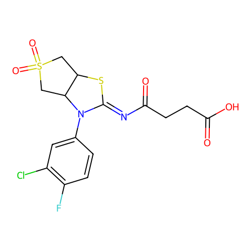 4-{[(2Z)-3-(3-chloro-4-fluorophenyl)-5,5-dioxidotetrahydrothieno[3,4-d][1,3]thiazol-2(3H)-ylidene]amino}-4-oxobutanoic acid structure