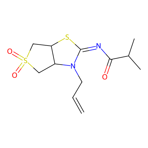 N-[(2E)-5,5-dioxido-3-(prop-2-en-1-yl)tetrahydrothieno[3,4-d][1,3]thiazol-2(3H)-ylidene]-2-methylpropanamide structure