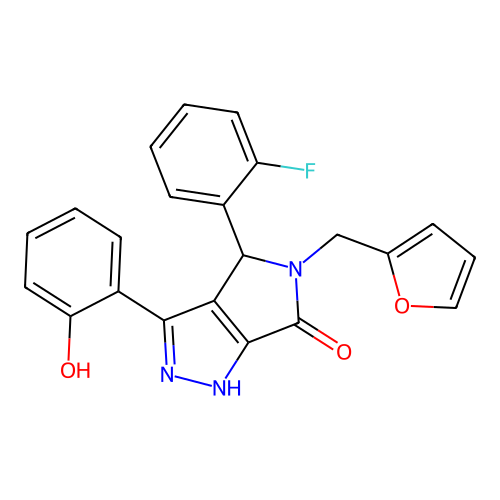 4-(2-fluorophenyl)-5-(2-furanylmethyl)-3-(6-oxo-1-cyclohexa-2,4-dienylidene)-2,4-dihydro-1H-pyrrolo[3,4-c]pyrazol-6-one structure