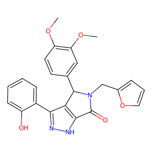 (3Z)-4-(3,4-dimethoxyphenyl)-5-(furan-2-ylmethyl)-3-(6-oxocyclohexa-2,4-dien-1-ylidene)-2,4-dihydro-1H-pyrrolo[3,4-c]pyrazol-6-one structure