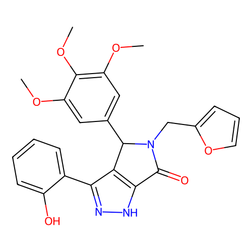 (3Z)-5-(furan-2-ylmethyl)-3-(6-oxocyclohexa-2,4-dien-1-ylidene)-4-(3,4,5-trimethoxyphenyl)-2,4-dihydro-1H-pyrrolo[3,4-c]pyrazol-6-one structure