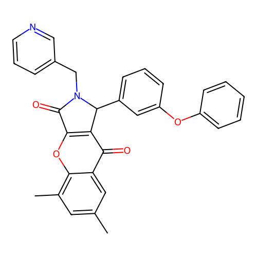5,7-dimethyl-1-(3-phenoxyphenyl)-2-(pyridin-3-ylmethyl)-1,2-dihydrochromeno[2,3-c]pyrrole-3,9-dione structure