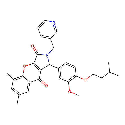 1-[3-methoxy-4-(3-methylbutoxy)phenyl]-5,7-dimethyl-2-(pyridin-3-ylmethyl)-1,2-dihydrochromeno[2,3-c]pyrrole-3,9-dione structure