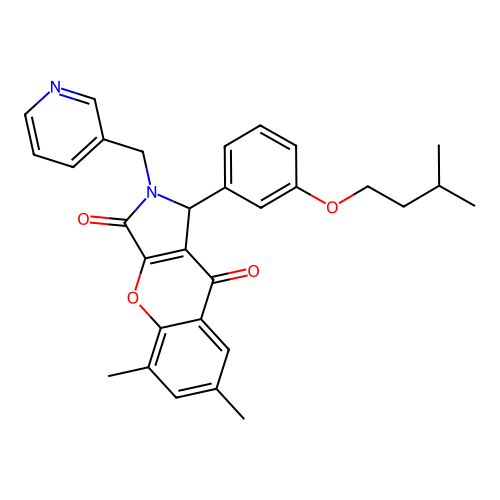 5,7-dimethyl-1-[3-(3-methylbutoxy)phenyl]-2-(pyridin-3-ylmethyl)-1,2-dihydrochromeno[2,3-c]pyrrole-3,9-dione structure