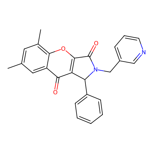 5,7-dimethyl-1-phenyl-2-(pyridin-3-ylmethyl)-1,2-dihydrochromeno[2,3-c]pyrrole-3,9-dione structure