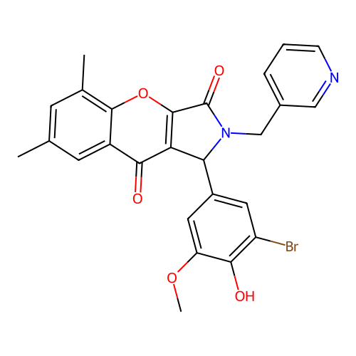 1-(3-bromo-4-hydroxy-5-methoxyphenyl)-5,7-dimethyl-2-(pyridin-3-ylmethyl)-1,2-dihydrochromeno[2,3-c]pyrrole-3,9-dione structure