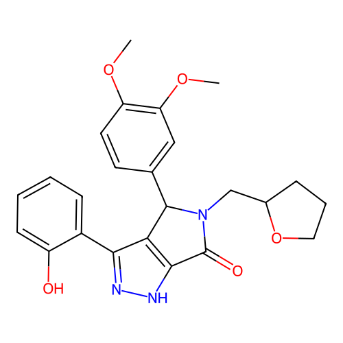 (3Z)-4-(3,4-dimethoxyphenyl)-3-(6-oxocyclohexa-2,4-dien-1-ylidene)-5-(oxolan-2-ylmethyl)-2,4-dihydro-1H-pyrrolo[3,4-c]pyrazol-6-one structure
