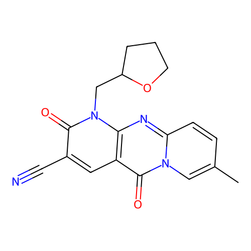 2,5-diketo-8-methyl-1-(tetrahydrofurfuryl)dipyrido[1,2-d:3'',4''-f]pyrimidine-3-carbonitrile structure