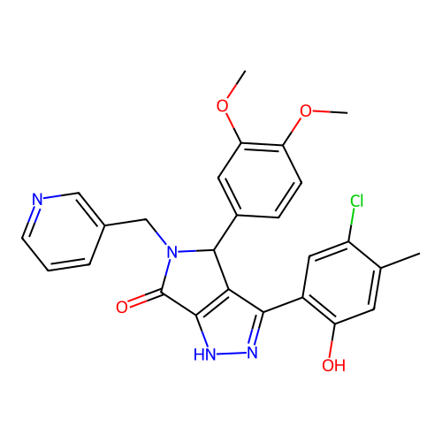 (3E)-3-(3-chloro-4-methyl-6-oxocyclohexa-2,4-dien-1-ylidene)-4-(3,4-dimethoxyphenyl)-5-(pyridin-3-ylmethyl)-2,4-dihydro-1H-pyrrolo[3,4-c]pyrazol-6-one structure