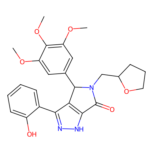 (3Z)-3-(6-oxocyclohexa-2,4-dien-1-ylidene)-5-(oxolan-2-ylmethyl)-4-(3,4,5-trimethoxyphenyl)-2,4-dihydro-1H-pyrrolo[3,4-c]pyrazol-6-one structure