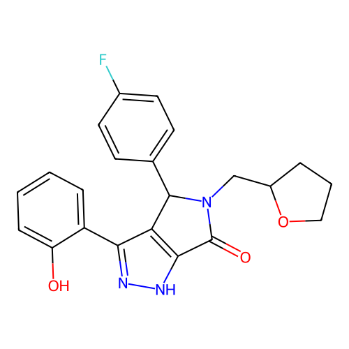 (3E)-4-(4-fluorophenyl)-3-(6-oxocyclohexa-2,4-dien-1-ylidene)-5-(oxolan-2-ylmethyl)-2,4-dihydro-1H-pyrrolo[3,4-c]pyrazol-6-one structure