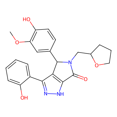 (3Z)-4-(4-hydroxy-3-methoxyphenyl)-3-(6-oxocyclohexa-2,4-dien-1-ylidene)-5-(oxolan-2-ylmethyl)-2,4-dihydro-1H-pyrrolo[3,4-c]pyrazol-6-one structure