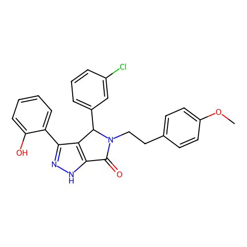 (3Z)-4-(3-chlorophenyl)-5-[2-(4-methoxyphenyl)ethyl]-3-(6-oxocyclohexa-2,4-dien-1-ylidene)-2,4-dihydro-1H-pyrrolo[3,4-c]pyrazol-6-one structure