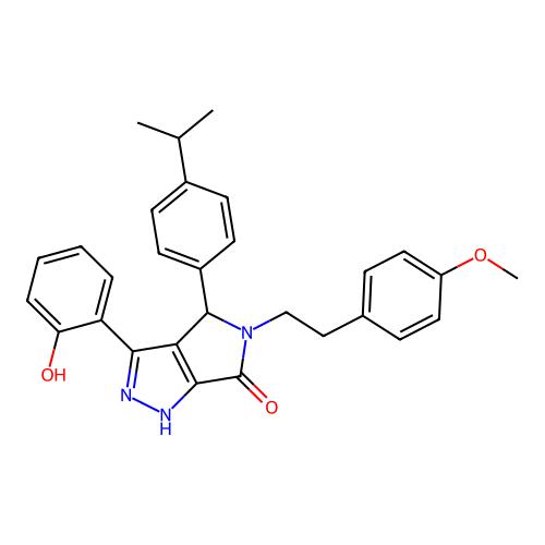 (3Z)-5-[2-(4-methoxyphenyl)ethyl]-3-(6-oxocyclohexa-2,4-dien-1-ylidene)-4-(4-propan-2-ylphenyl)-2,4-dihydro-1H-pyrrolo[3,4-c]pyrazol-6-one structure