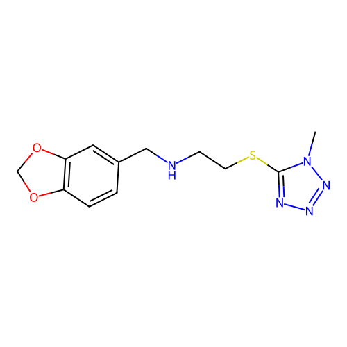 N-(1,3-benzodioxol-5-ylmethyl)-2-(1-methyltetrazol-5-yl)sulfanylethanamine structure