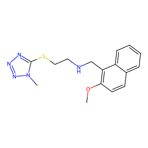 N-[(2-methoxynaphthalen-1-yl)methyl]-2-(1-methyltetrazol-5-yl)sulfanylethanamine structure
