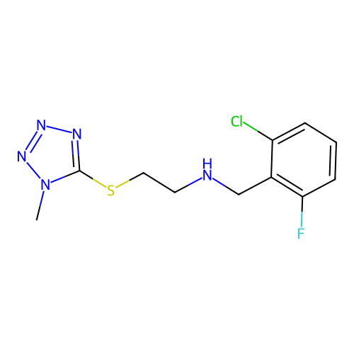 N-[(2-chloro-6-fluorophenyl)methyl]-2-(1-methyltetrazol-5-yl)sulfanylethanamine structure