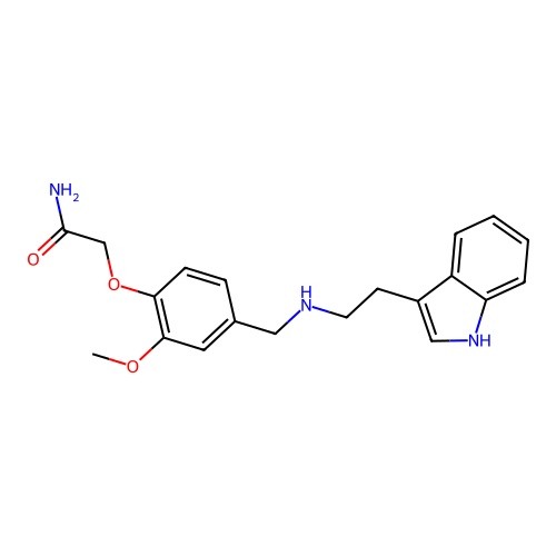 2-[4-({[2-(1H-indol-3-yl)ethyl]amino}methyl)-2-methoxyphenoxy]acetamide structure