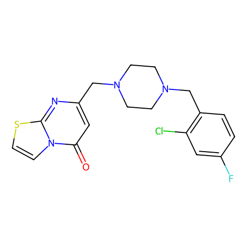 7-[[4-[(2-chloro-4-fluorophenyl)methyl]piperazin-1-yl]methyl]-[1,3]thiazolo[3,2-a]pyrimidin-5-one structure