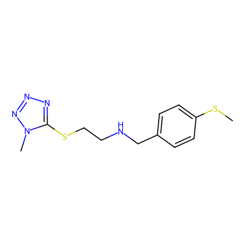 N-[(4-methylsulfanylphenyl)methyl]-2-(1-methyltetrazol-5-yl)sulfanylethanamine structure