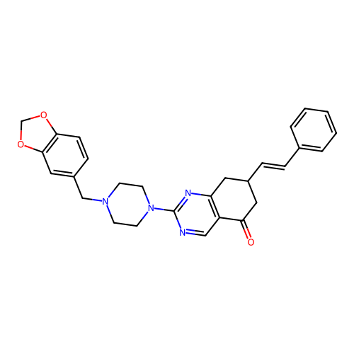 2-[4-(1,3-benzodioxol-5-ylmethyl)piperazin-1-yl]-7-[(E)-2-phenylethenyl]-7,8-dihydroquinazolin-5(6H)-one structure