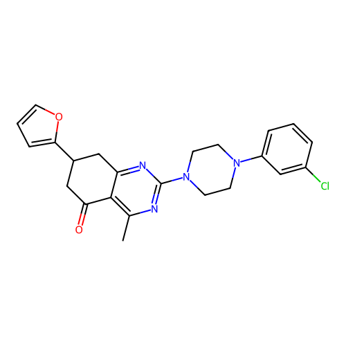 2-[4-(3-chlorophenyl)piperazin-1-yl]-7-(2-furyl)-4-methyl-7,8-dihydroquinazolin-5(6H)-one structure