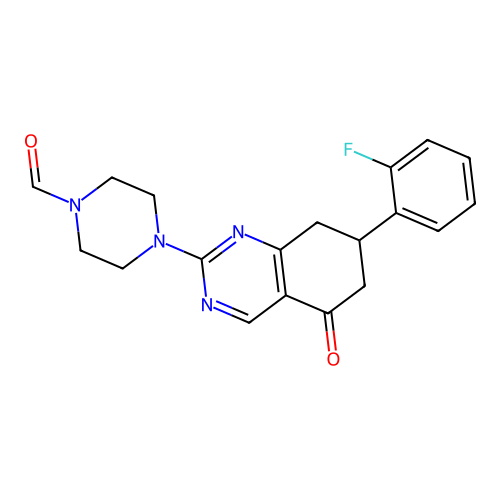 4-(7-(2-fluorophenyl)-5-oxo-5,6,7,8-tetrahydroquinazolin-2-yl)piperazine-1-carbaldehyde structure