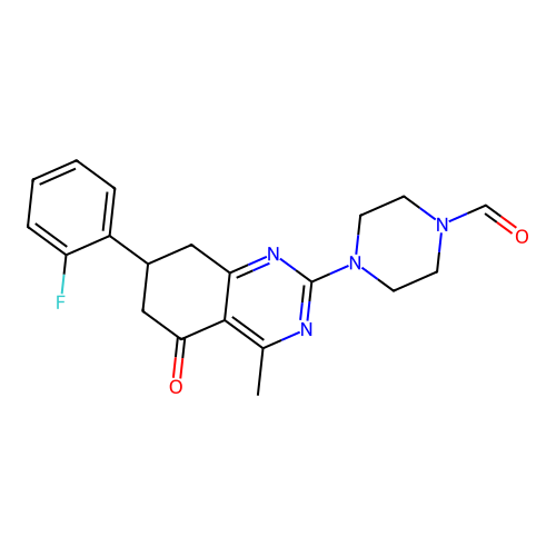 4-(7-(2-fluorophenyl)-4-methyl-5-oxo-5,6,7,8-tetrahydroquinazolin-2-yl)piperazine-1-carbaldehyde structure
