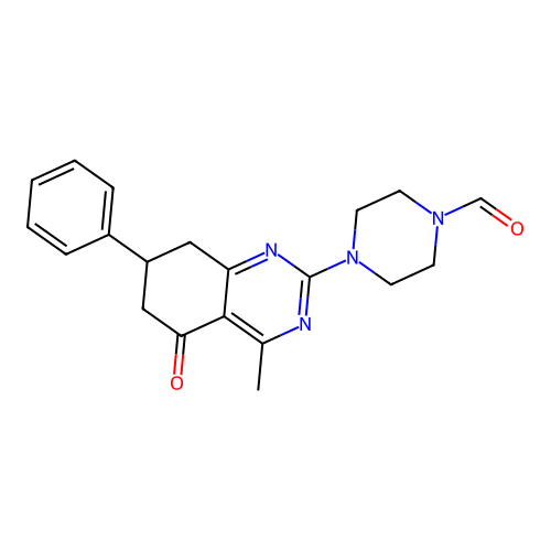 4-(4-methyl-5-oxo-7-phenyl-5,6,7,8-tetrahydroquinazolin-2-yl)piperazine-1-carbaldehyde structure
