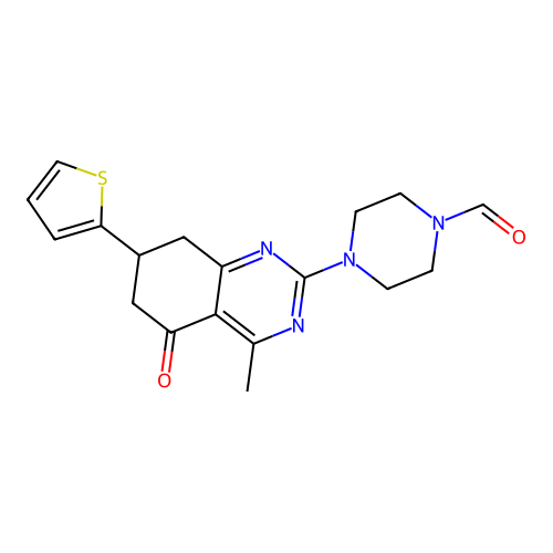 4-(4-methyl-5-oxo-7-(thiophen-2-yl)-5,6,7,8-tetrahydroquinazolin-2-yl)piperazine-1-carbaldehyde structure