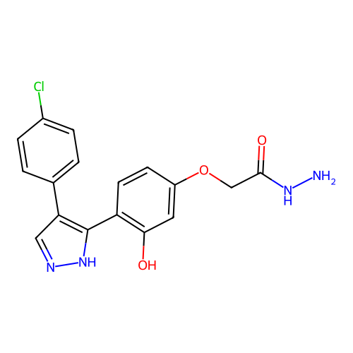 2-(4-(4-(4-chlorophenyl)-1H-pyrazol-3-yl)-3-hydroxyphenoxy)acetohydrazide structure