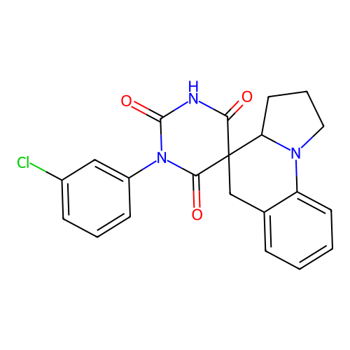 1-(3-chlorophenyl)-2',3',3a',5'-tetrahydro-1H,1'H-spiro[pyrimidine-5,4'-pyrrolo[1,2-a]quinoline]-2,4,6(3H)-trione structure