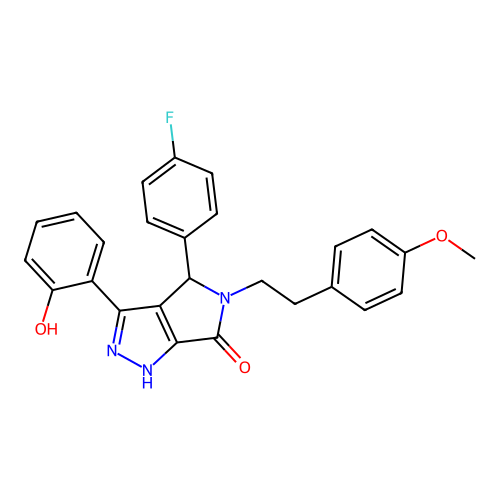 (3Z)-4-(4-fluorophenyl)-5-[2-(4-methoxyphenyl)ethyl]-3-(6-oxocyclohexa-2,4-dien-1-ylidene)-2,4-dihydro-1H-pyrrolo[3,4-c]pyrazol-6-one structure