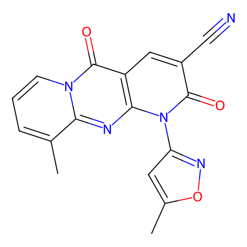 10-methyl-1-(5-methyl-1,2-oxazol-3-yl)-2,5-dioxo-1,5-dihydro-2H-dipyrido[1,2-a:2',3'-d]pyrimidine-3-carbonitrile structure